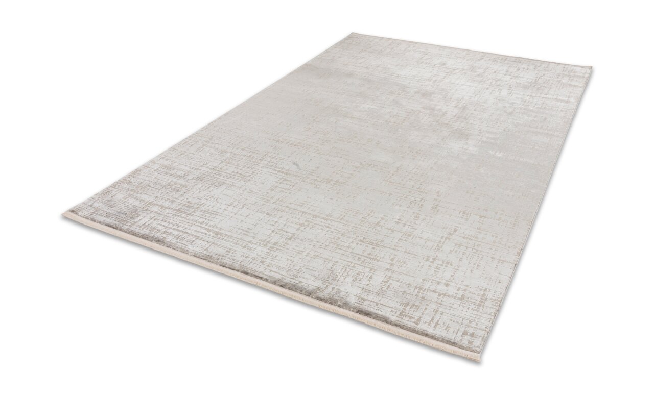 JOOP! LINES Silber Moderner Teppich in Beige mit dezentem Linienmuster, perspektivisch von der Seite fotografiert.