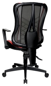 Rückansicht eines Racing Bürostuhls mit Netzrückenlehne und roten Akzenten.