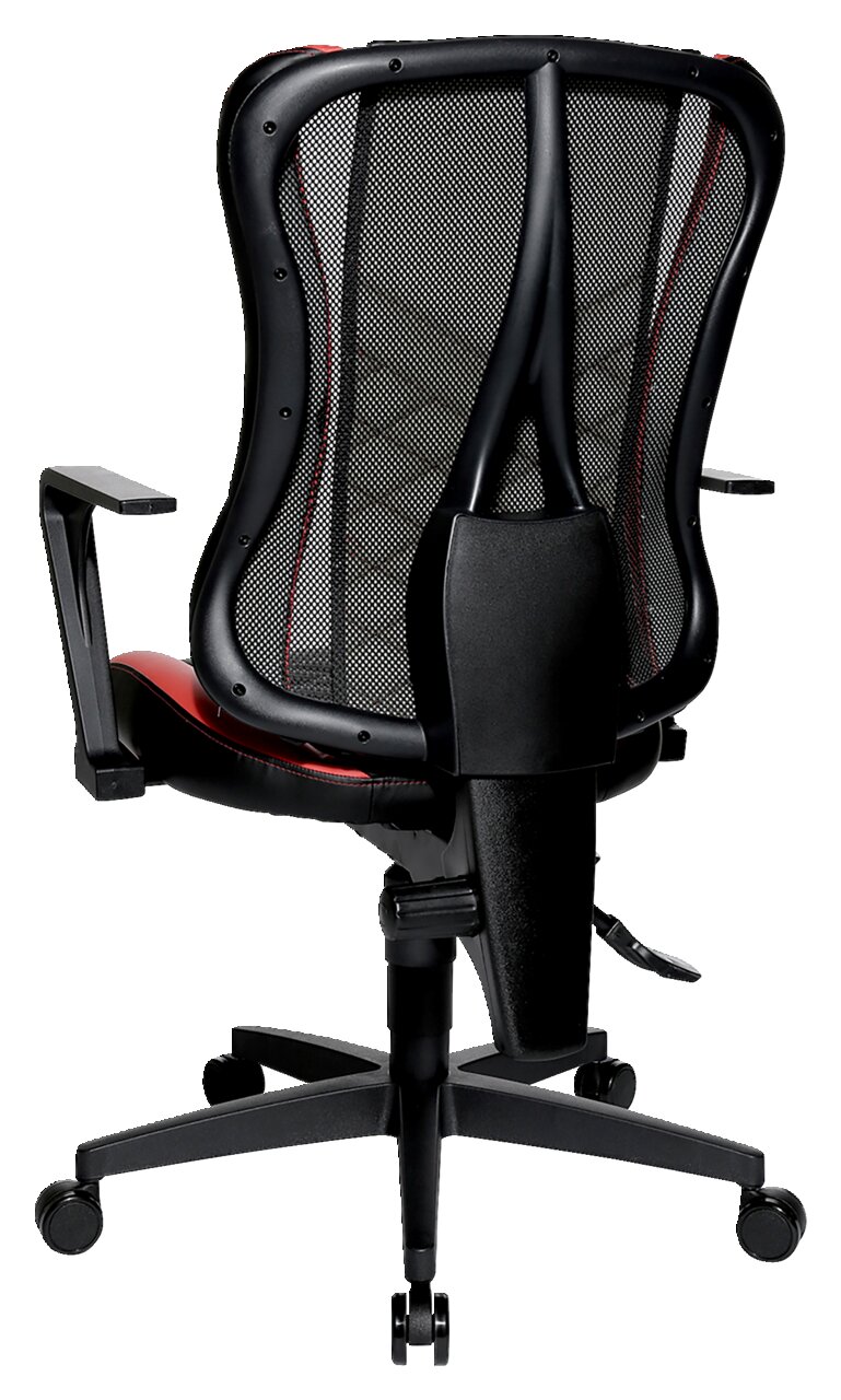 Rückansicht eines Racing Bürostuhls mit Netzrückenlehne und roten Akzenten.