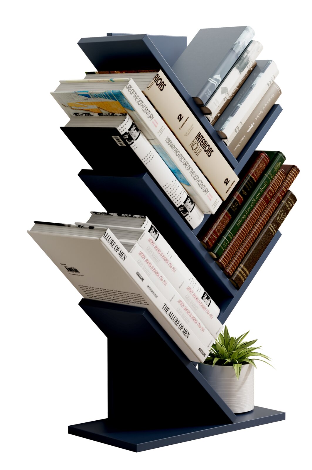 Modernes, dunkelblaues Zickzack-Bücherregal mit mehreren schrägen Ablagen, gefüllt mit Büchern und einem kleinen Topf mit grüner Pflanze; freigestellt auf weißem Hintergrund, Ansicht schräg von vorne (3/4-Perspektive).