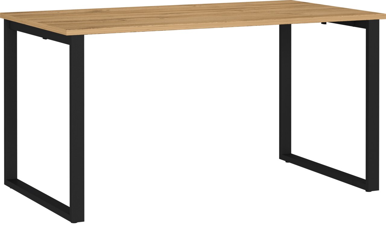 Rechteckiger Tisch mit Holzoptik-Tischplatte und schwarzem Metallgestell in Kufenform, freigestellt auf weißem Hintergrund, Perspektive: schräg von vorne (3/4-Ansicht)