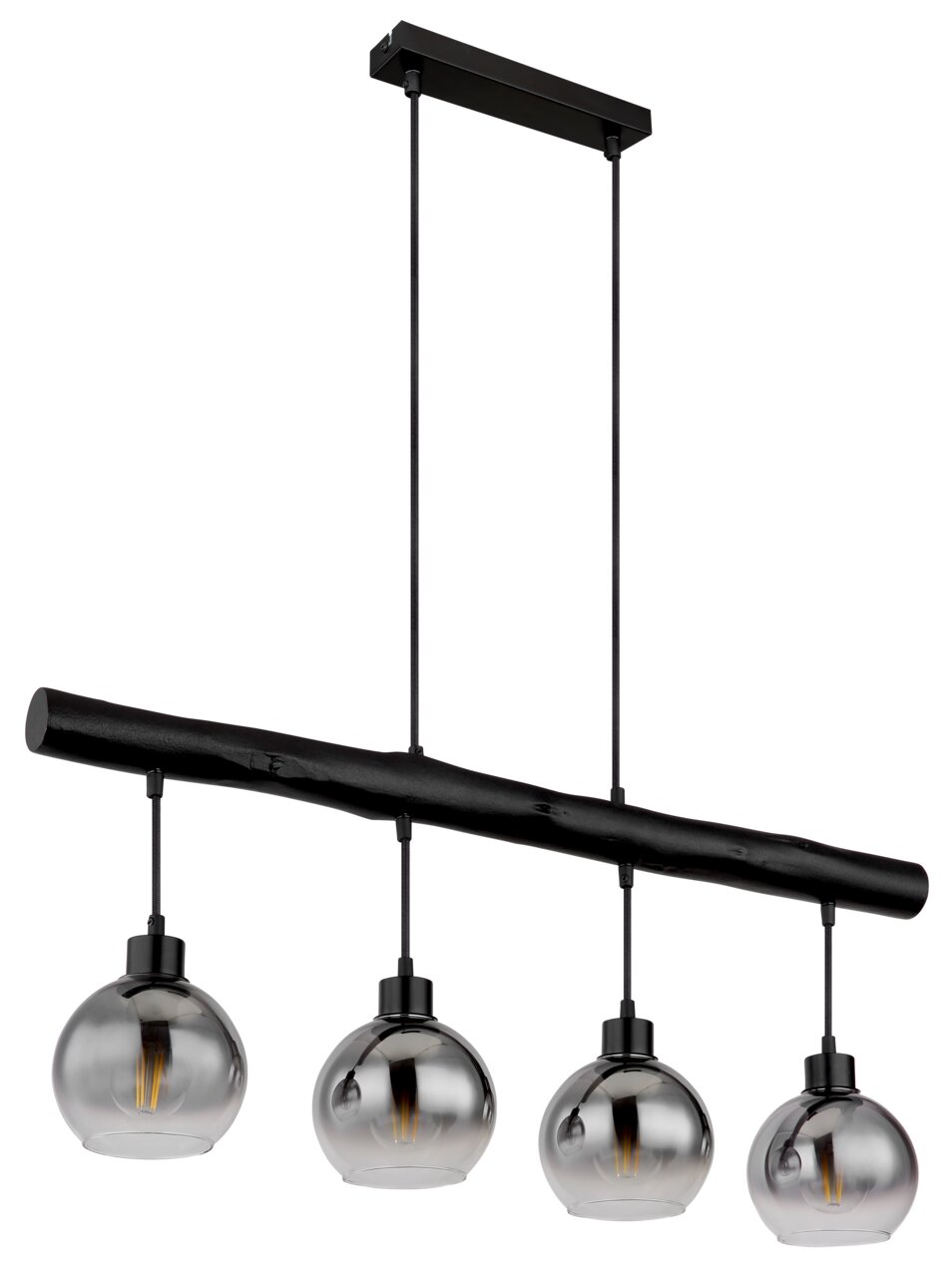 Moderne Hängeleuchte mit vier kugelförmigen, rauchgrauen Glaskugeln, aufgehängt an einem schwarzen Balken, seitliche Perspektive