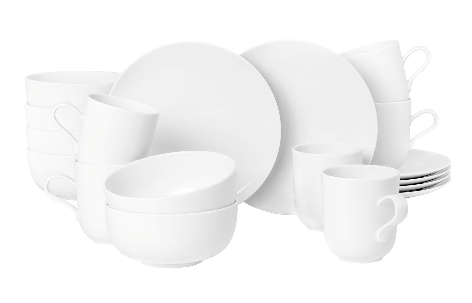 Weißes 18-teiliges Frühstücks-Set aus Porzellan, bestehend aus Tellern, Tassen und Schalen, frontal abgebildet.