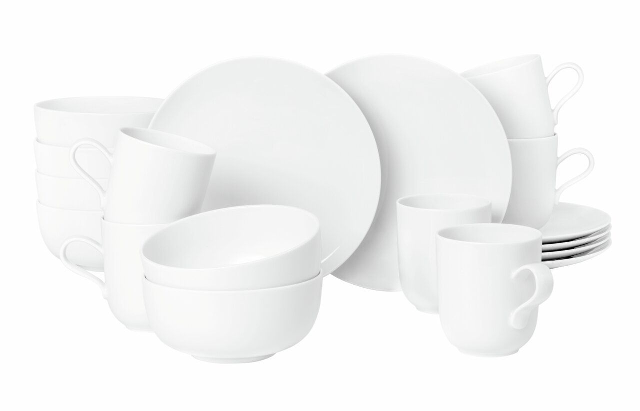 Seltmann Weiden Frühstückset 18-tlg. LIBERTY Weißes 18-teiliges Frühstücks-Set aus Porzellan, bestehend aus Tellern, Tassen und Schalen, frontal abgebildet.