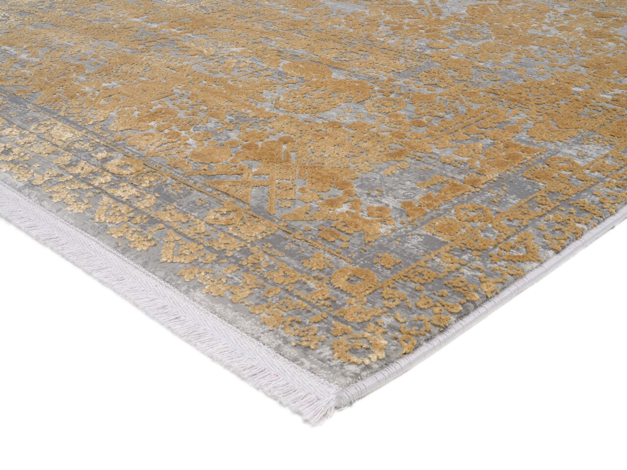 Designer Teppich mit goldenen und grauen Mustern, seitliche Perspektive