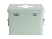 Grüne Aufbewahrungsbox mit weißem Kreuz auf dem Deckel, frontal fotografiert