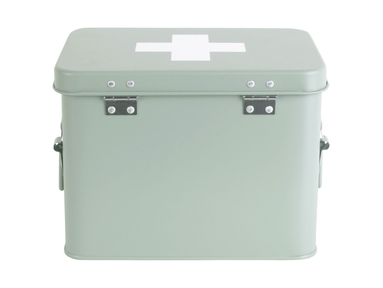Grüne Aufbewahrungsbox mit weißem Kreuz auf dem Deckel, frontal fotografiert