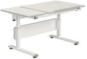 Moderner höhenverstellbarer Schreibtisch in Weiß, seitliche Perspektive