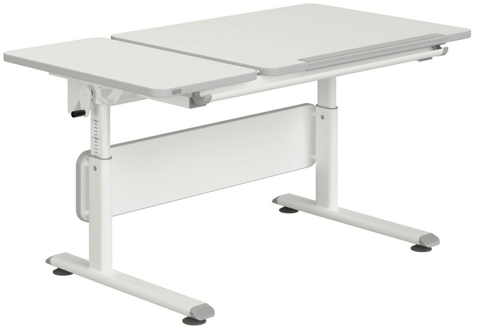 Moderner höhenverstellbarer Schreibtisch in Weiß, seitliche Perspektive