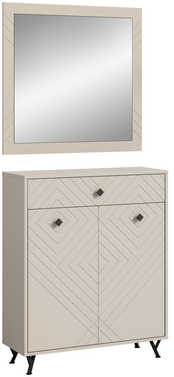 Garderobenkombination bestehend aus einem rechteckigen Spiegel und einem Schrank mit geometrischem Muster, aus frontaler Perspektive.