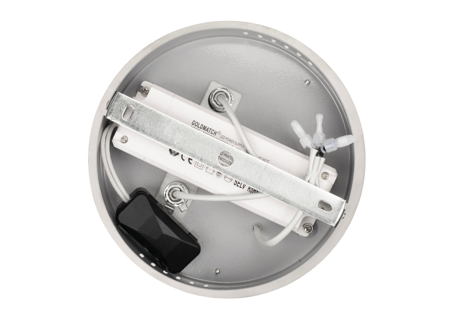 Rückansicht einer runden LED-Deckenleuchte mit sichtbaren Kabeln und Befestigungselementen.