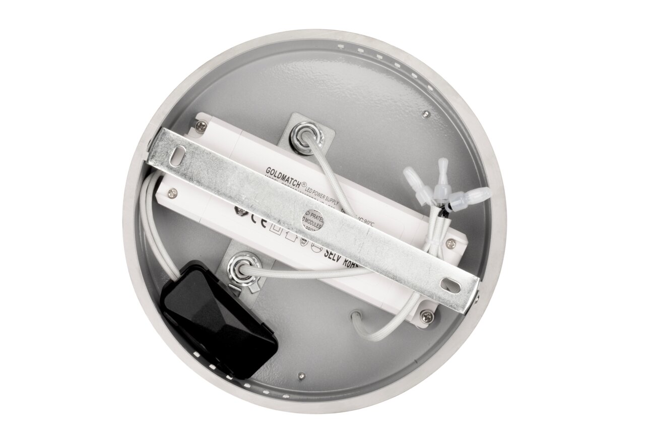 Rückansicht einer runden LED-Deckenleuchte mit sichtbaren Kabeln und Befestigungselementen.