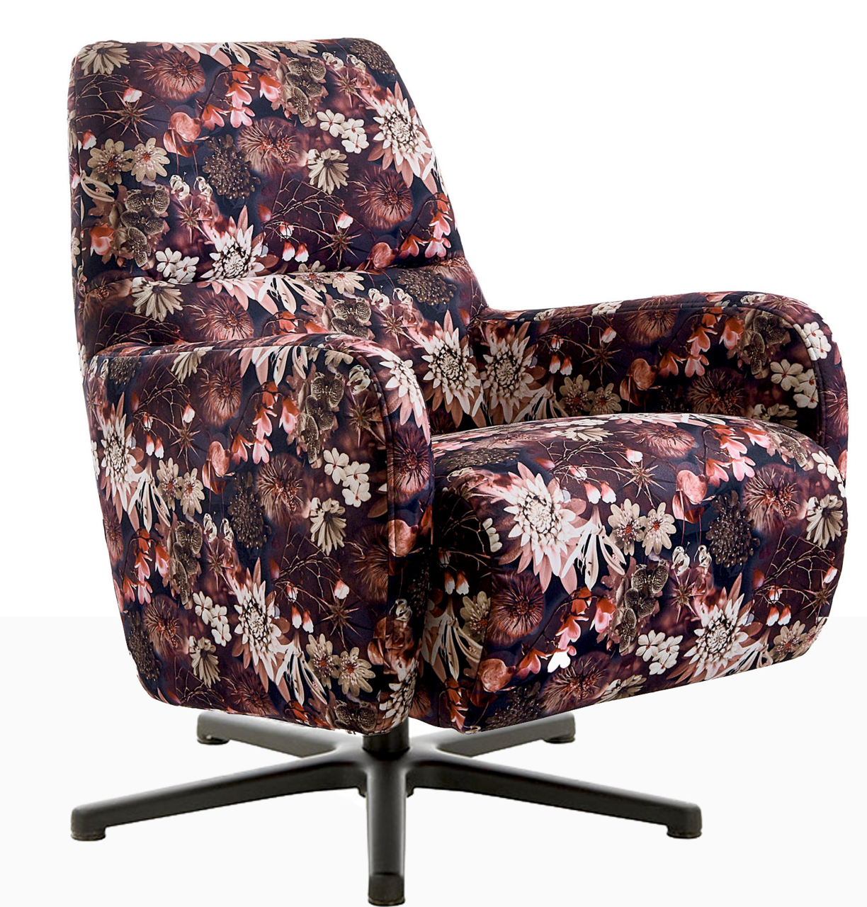 Blumig gemusterter Relaxsessel mit schwarzem Drehfuß, seitliche Perspektive