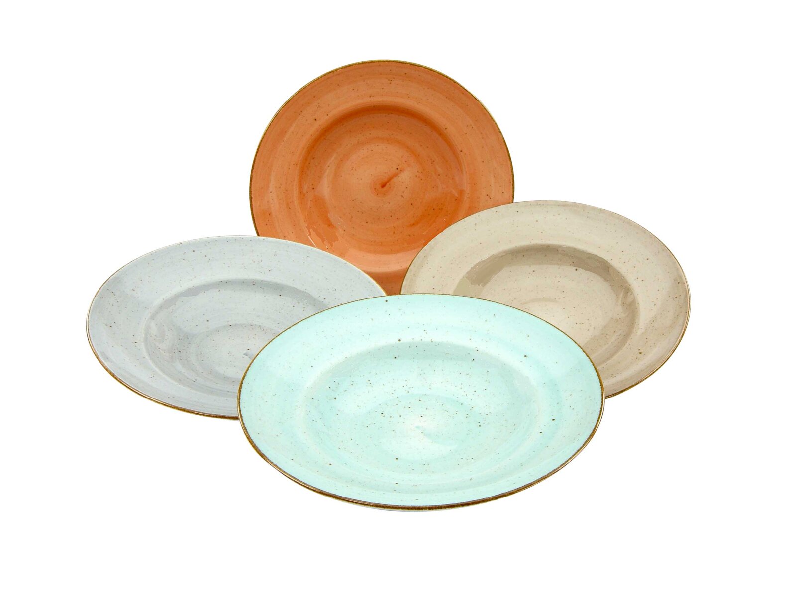 Creatable Pastateller 4-tlg VINTAGE NATURE Vier gesprenkelte Keramik-Speiseteller in Pastellfarben (Orange, Beige, Hellblau, Mint) mit braunem Rand, schräg von oben in Frontansicht auf weißem Hintergrund angeordnet.