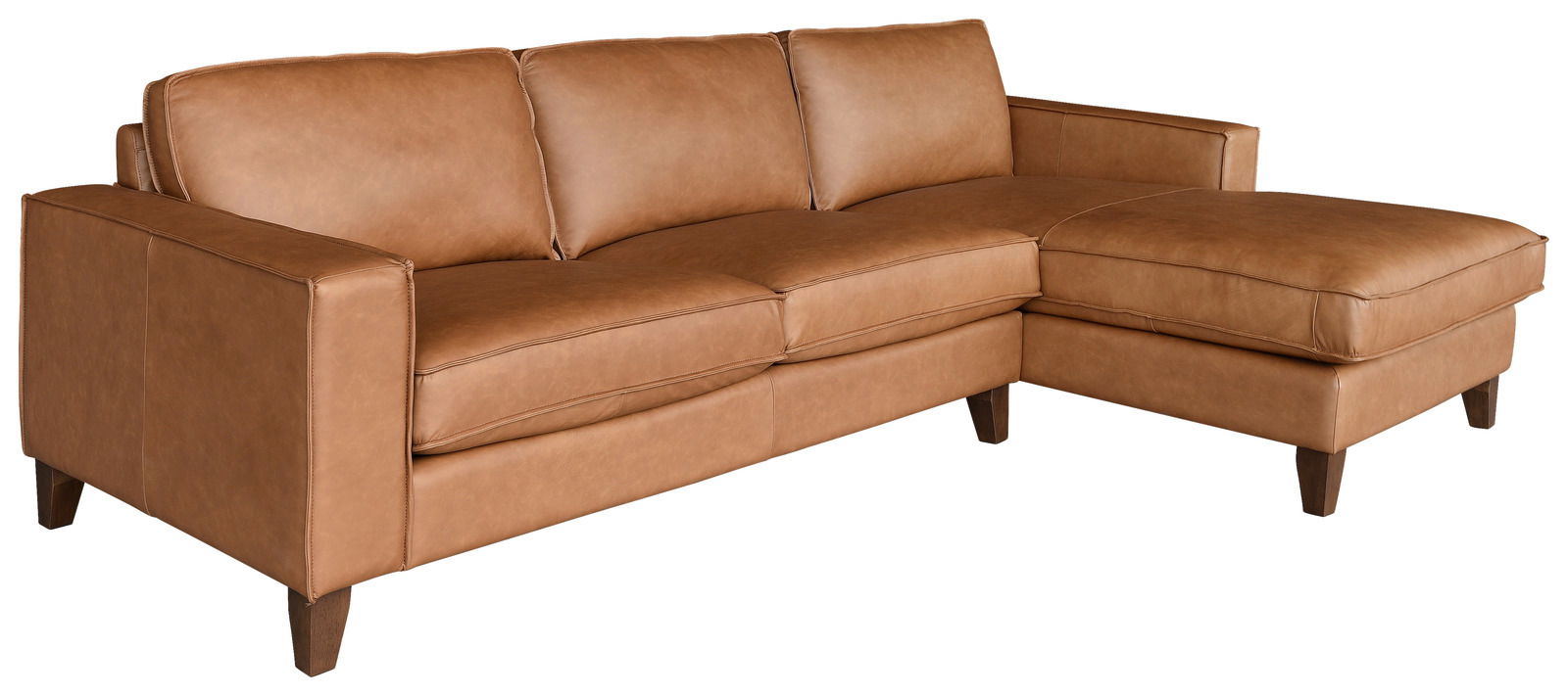 Braunes Ledersofa mit Longchair, Perspektive von vorne rechts