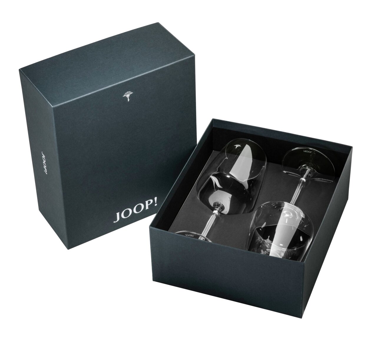 JOOP! Rotweinglas 2er-Set DINING GLAMOUR Zwei Rotweingläser in einer eleganten schwarzen Geschenkbox von oben betrachtet.