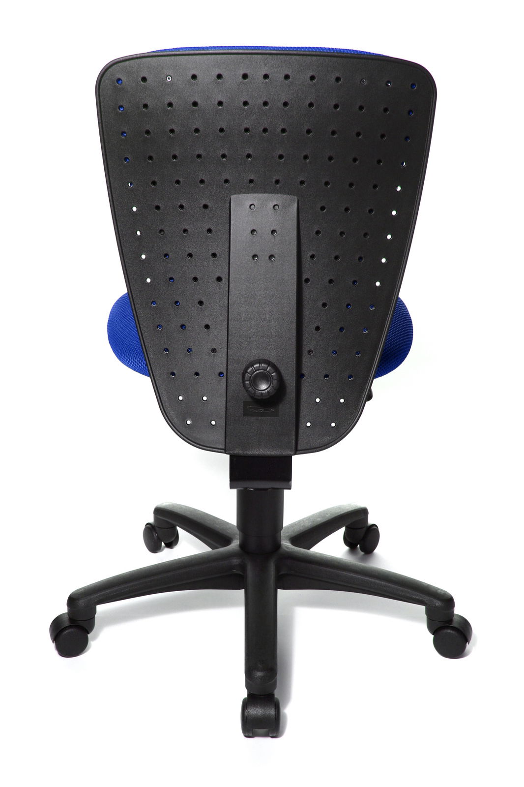 Rückansicht eines Kinder- und Jugendstuhls mit blauer Polsterung und schwarzer, perforierter Rückenlehne auf Rollen.