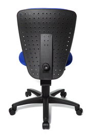 Rückansicht eines Kinder- und Jugendstuhls mit blauer Polsterung und schwarzer, perforierter Rückenlehne auf Rollen.