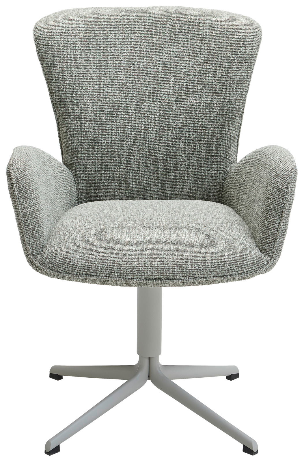 Frontansicht eines modernen Armlehnstuhls mit grauem Stoffbezug und einem weißen Metallfuß.