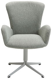 Frontansicht eines modernen Armlehnstuhls mit grauem Stoffbezug und einem weißen Metallfuß.