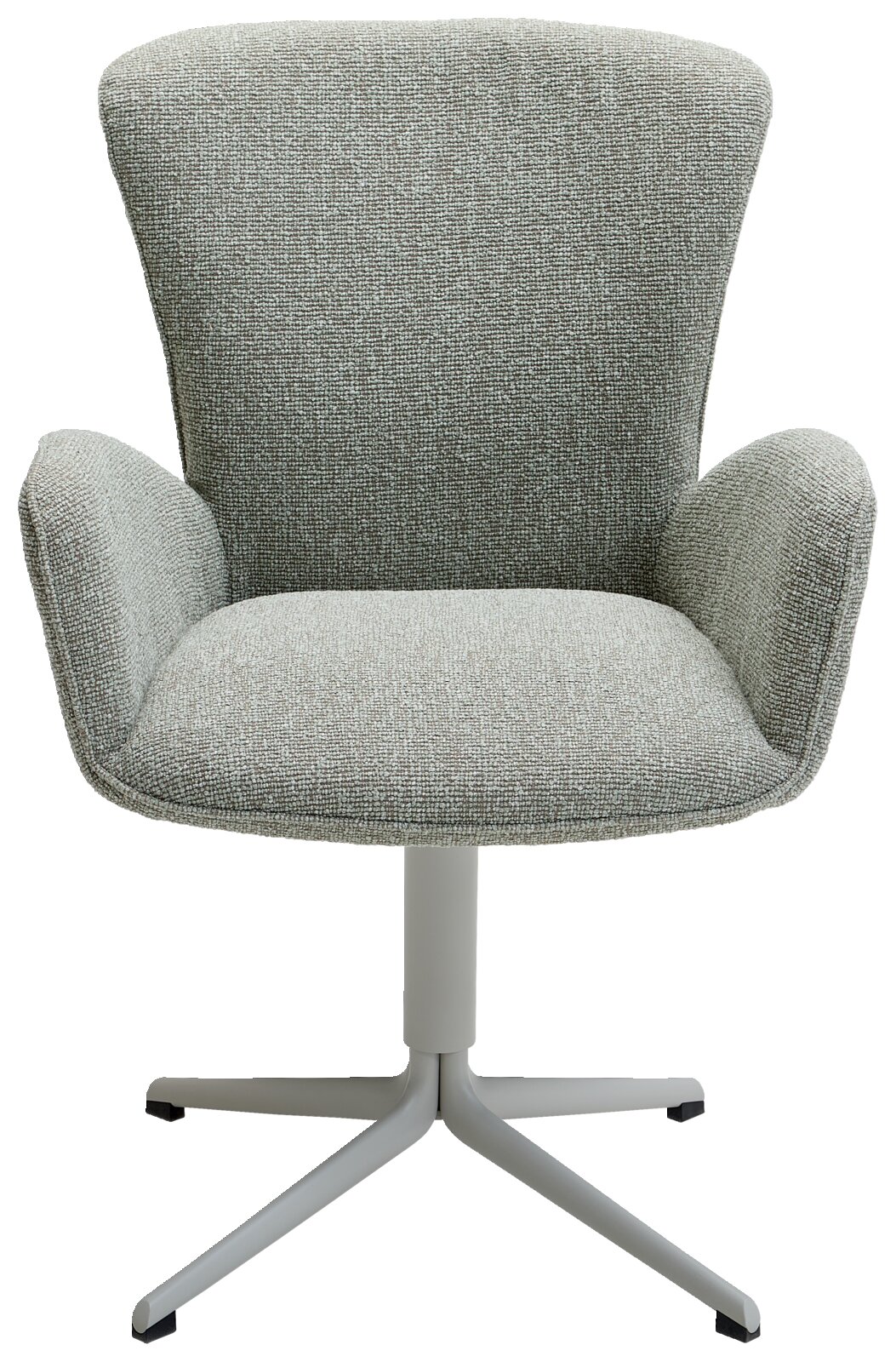 Frontansicht eines modernen Armlehnstuhls mit grauem Stoffbezug und einem weißen Metallfuß.
