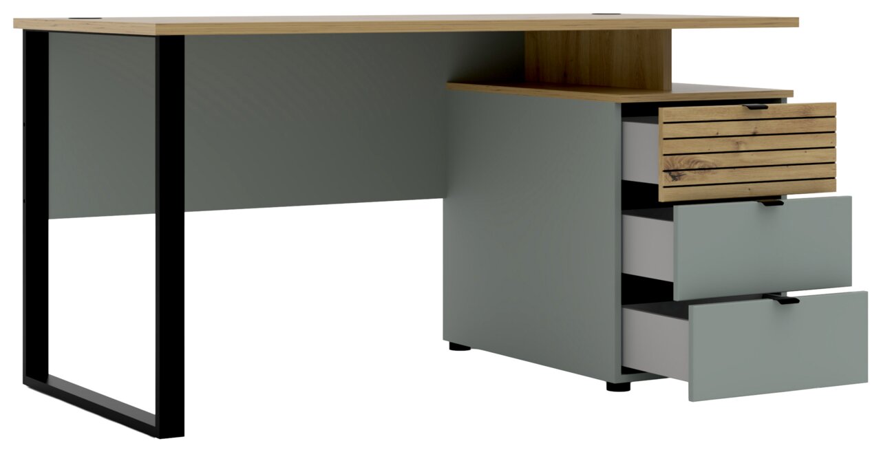 Moderner Schreibtisch mit Holzplatte und drei Schubladen, seitliche Perspektive