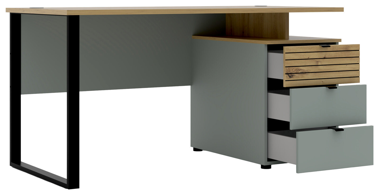 Moderner Schreibtisch mit Holzplatte und drei Schubladen, seitliche Perspektive