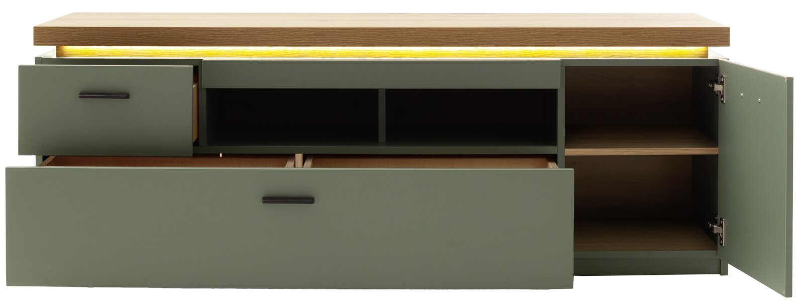 Grünes Sideboard/TV-Lowboard mit Holzplatte und warmem LED-Lichtband, mit geöffneter Schublade und geöffneter rechter Tür, Frontansicht