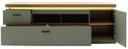 Grünes Sideboard/TV-Lowboard mit Holzplatte und warmem LED-Lichtband, mit geöffneter Schublade und geöffneter rechter Tür, Frontansicht