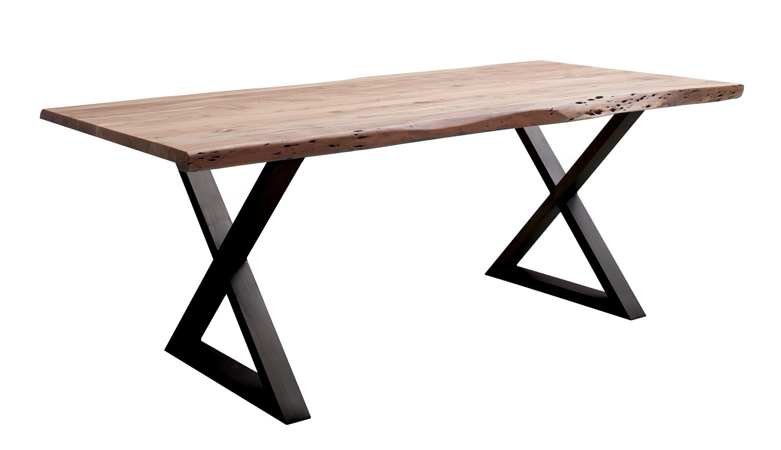 Moderner Esstisch mit natürlicher Holzplatte und schwarzen X-förmigen Metallbeinen, seitliche Perspektive