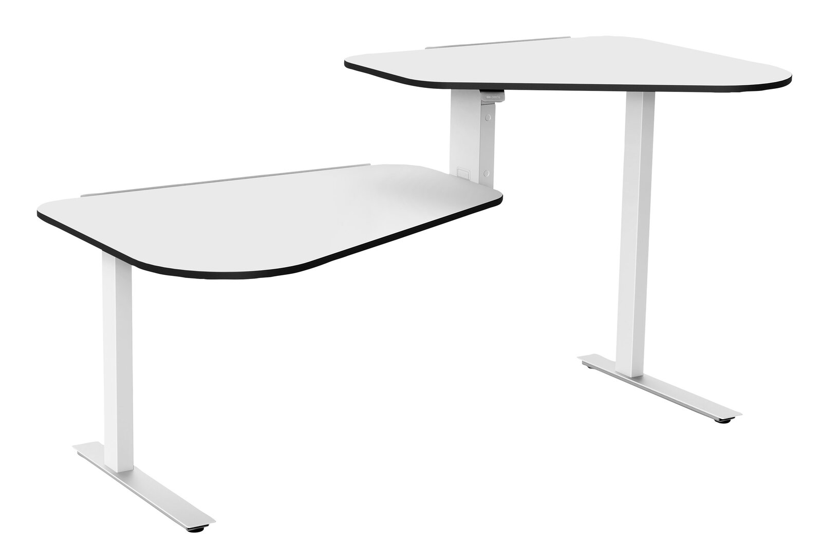 Moderner E-Schreibtisch mit zwei Ebenen in Weiß, seitliche Perspektive