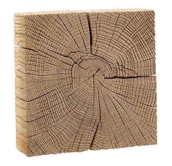 Holzblock mit sichtbarer Jahresringstruktur, perspektivisch von vorne und leicht seitlich aufgenommen