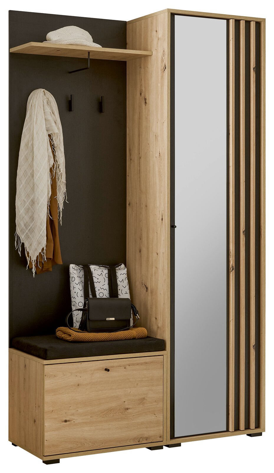 XORA Kompakt-Garderobe VOLANO Kompakt-Garderobe aus Holz mit Spiegel, Sitzbank und Haken, seitliche Perspektive