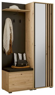 Kompakt-Garderobe aus Holz mit Spiegel, Sitzbank und Haken, seitliche Perspektive