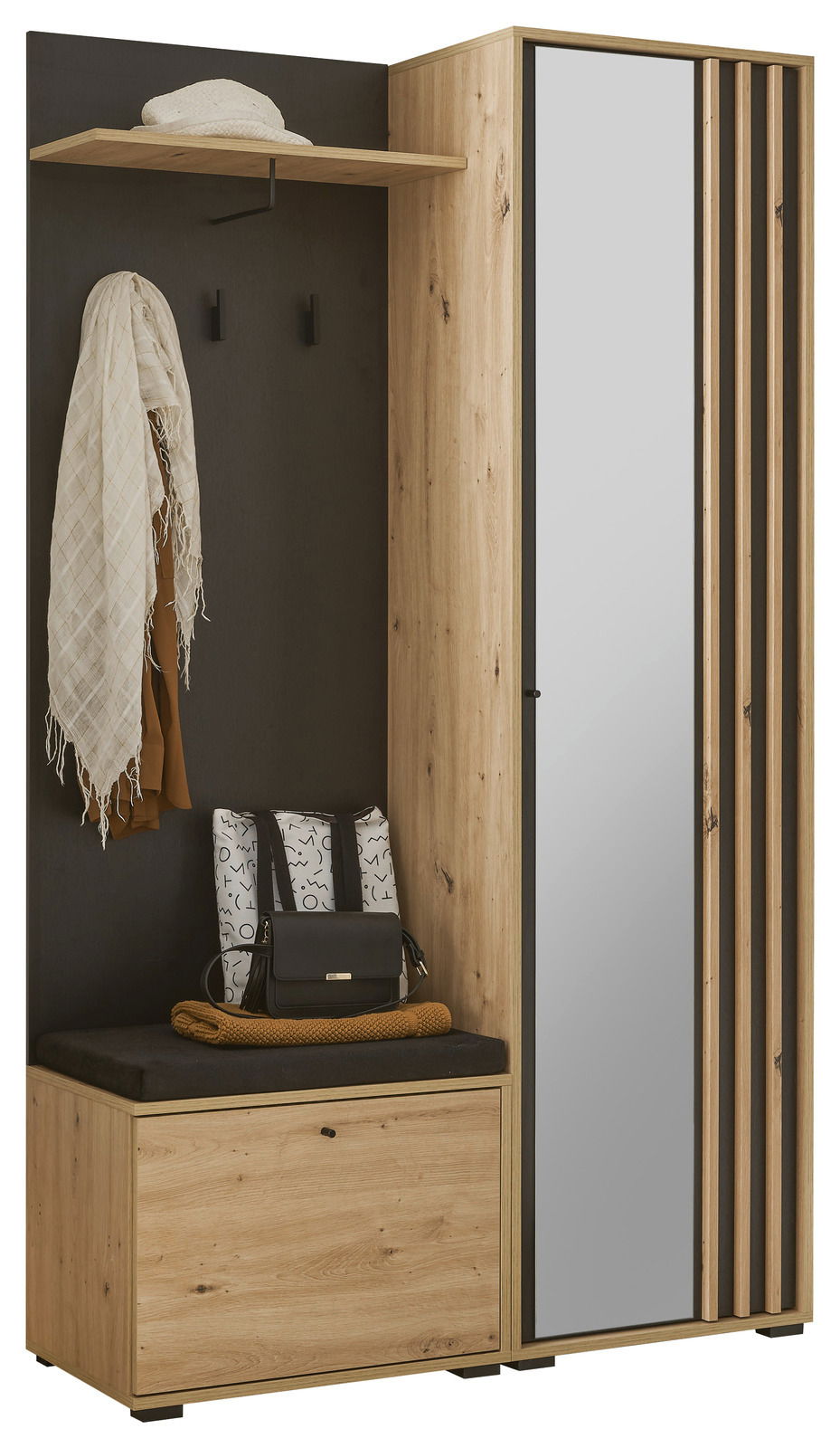 Kompakt-Garderobe aus Holz mit Spiegel, Sitzbank und Haken, seitliche Perspektive