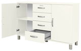 Weißes Sideboard mit offenen Türen und Schubladen, Perspektive von vorne links