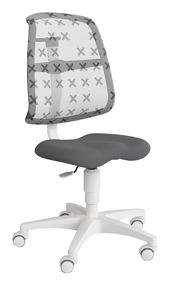 Grauer Jugenddrehstuhl mit Netzrückenlehne und weißen Rollen, seitliche Perspektive