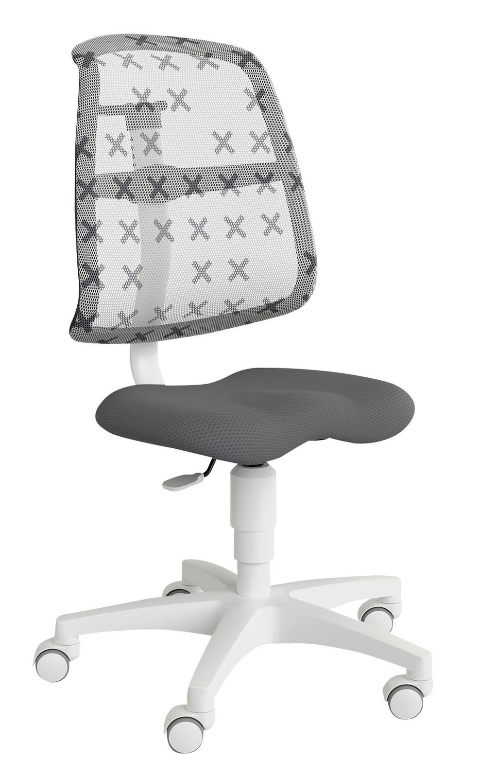 Grauer Jugenddrehstuhl mit Netzrückenlehne und weißen Rollen, seitliche Perspektive