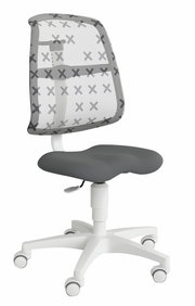 Grauer Jugenddrehstuhl mit Netzrückenlehne und weißen Rollen, seitliche Perspektive