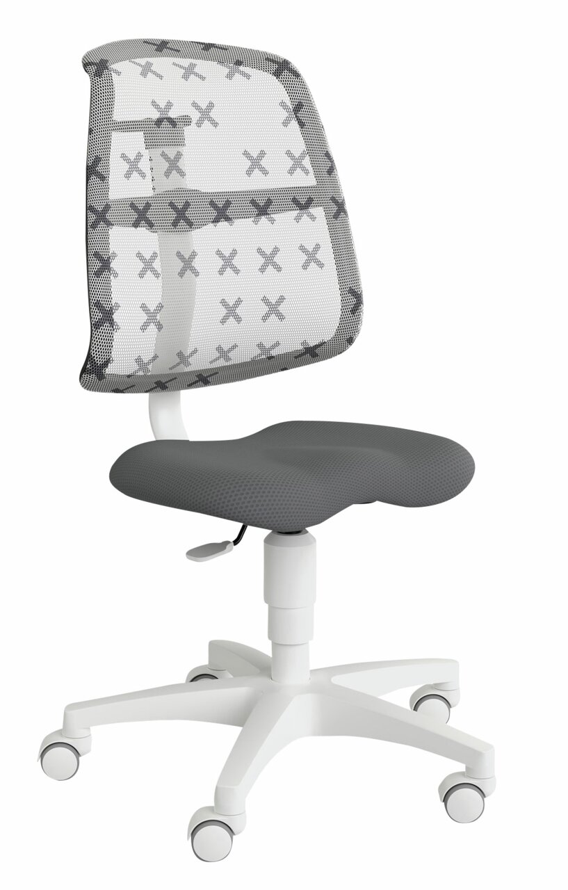 Grauer Jugenddrehstuhl mit Netzrückenlehne und weißen Rollen, seitliche Perspektive