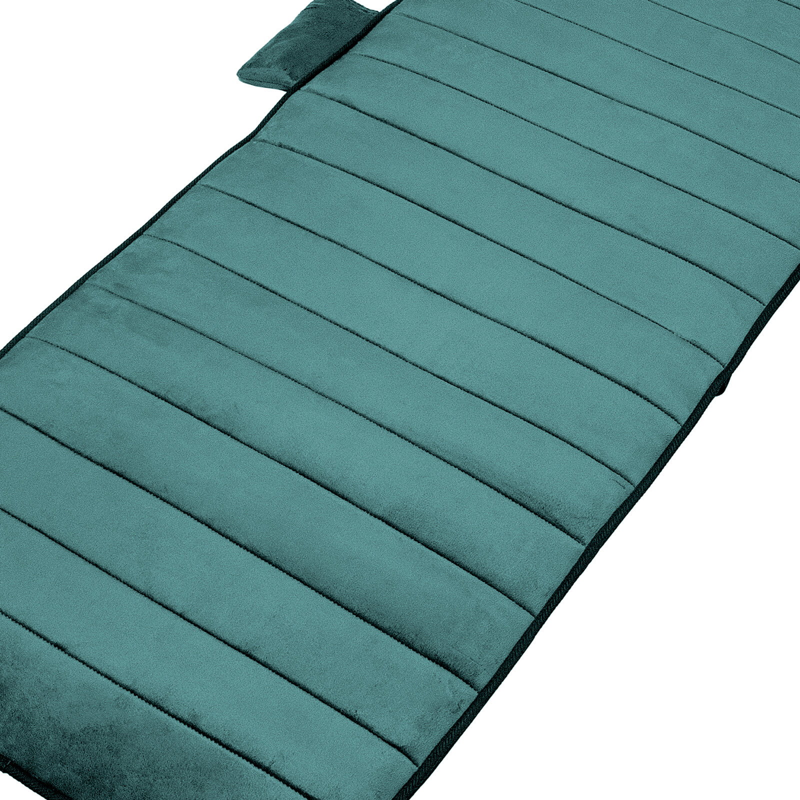 Gepolsterte, gesteppt wirkende Sitzauflage in Petrol/Türkis mit Kissen am Kopfende, schräg von oben in Nahaufnahme auf weißem Hintergrund