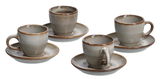 Vierteilige Espresso-Tassen-Set mit Untertassen in erdigen Tönen, seitliche Perspektive