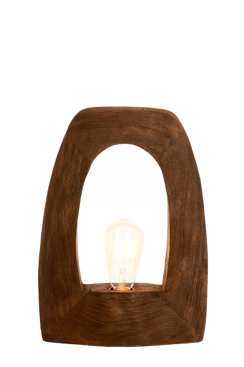 Moderne Tischleuchte aus Holz mit sichtbarer Glühbirne, Frontalansicht