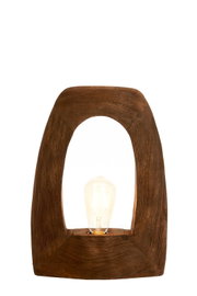 Moderne Tischleuchte aus Holz mit sichtbarer Glühbirne, Frontalansicht
