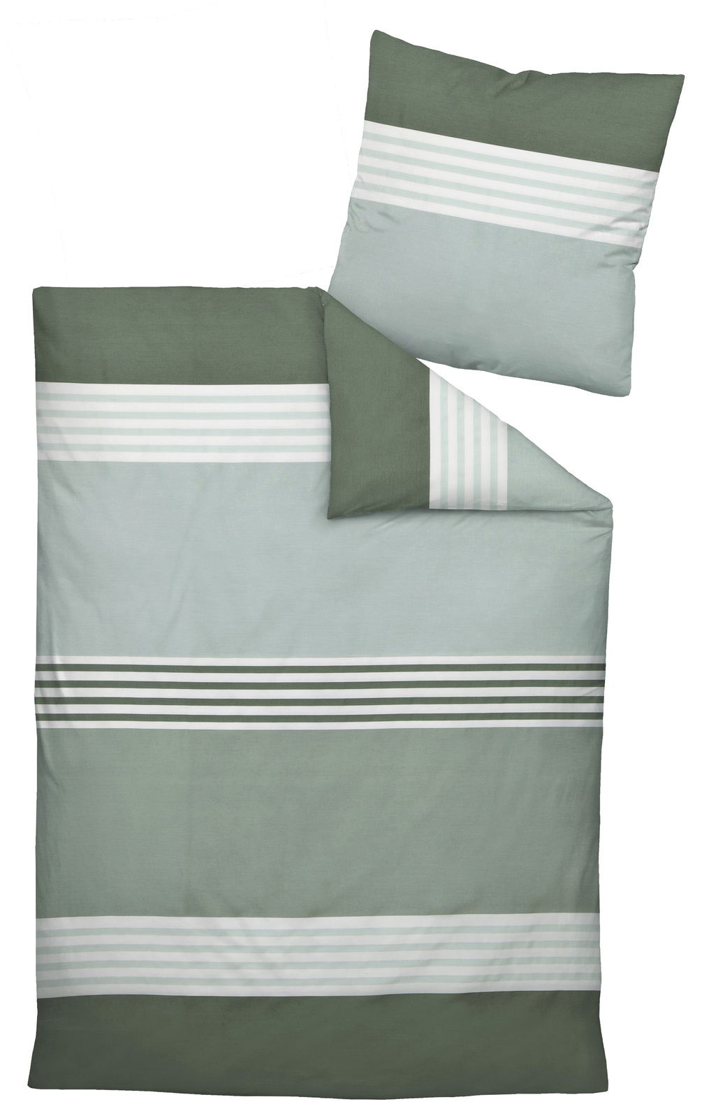 Bettwäsche-Set in Grün- und Grautönen mit Streifenmuster, Draufsicht