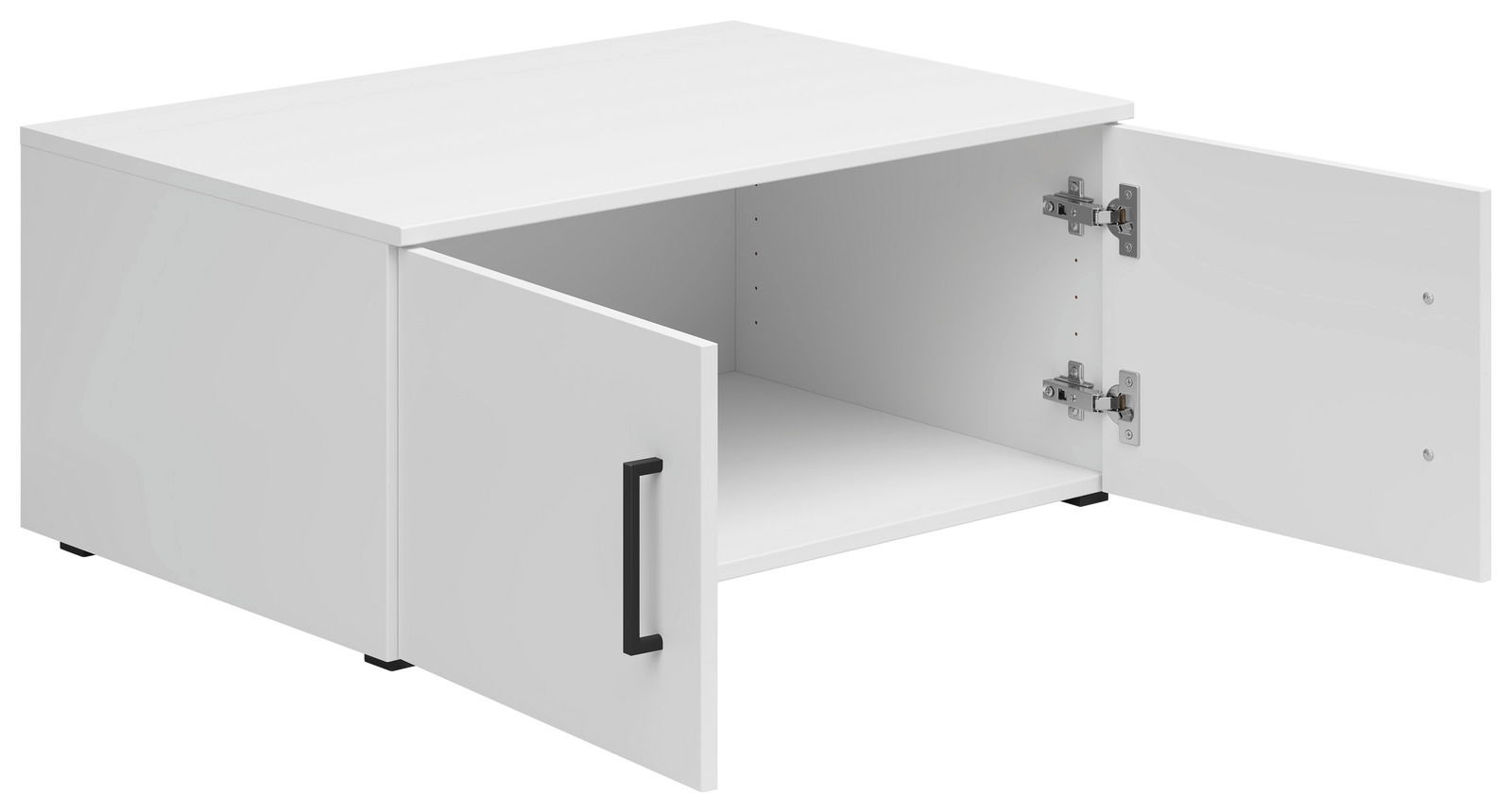 Weißer Aufsatzschrank mit zwei geöffneten Türen, schwarze Griffe, Innenansicht von schräg vorne