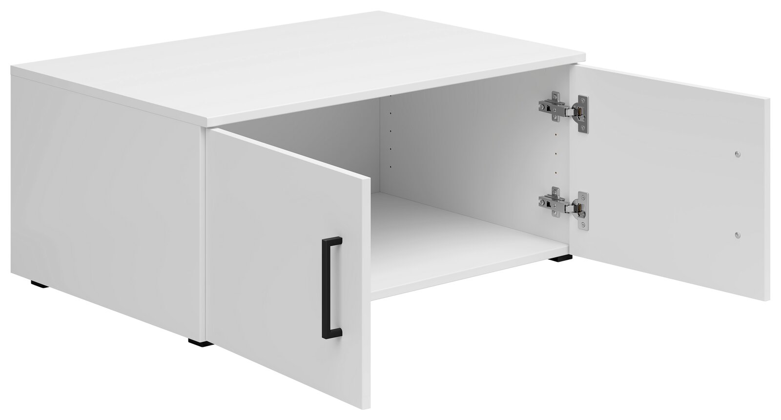 Weißer Aufsatzschrank mit zwei geöffneten Türen, schwarze Griffe, Innenansicht von schräg vorne
