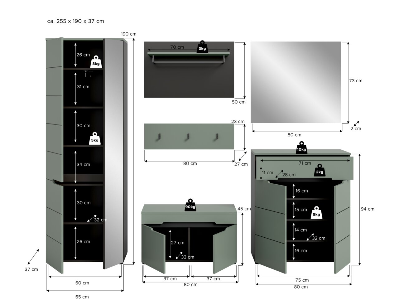 Maßgrafik eines modernen Flurmöbel-Sets in Salbeigrün mit Hochschrank, Kommode, Spiegel, Wandpaneel und Ablage, inklusive Maßangaben und Belastbarkeit, dargestellt in Frontansicht und teils geöffneten Türen.