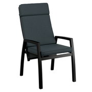 Moderne tuinstoel met donkergrijze bekleding en een zwart metalen frame, zijaanzicht