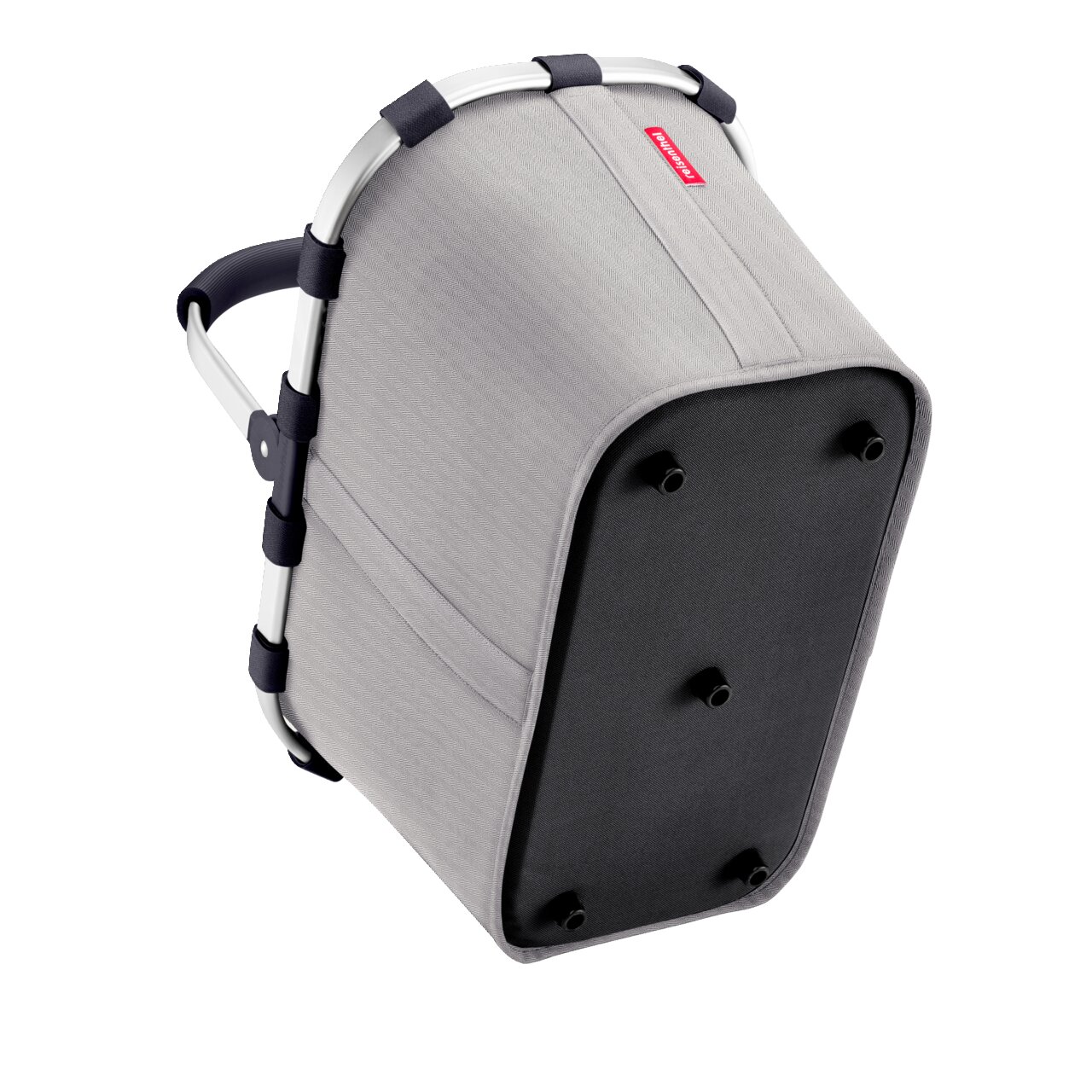 Carrybag in grijs visgraatmotief, onderaanzicht met zwarte bodem en aluminium frame.